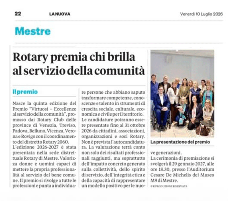 Rotary premia chi brilla al servizio della comunità, La Nuova Venezia, 10 luglio 2026