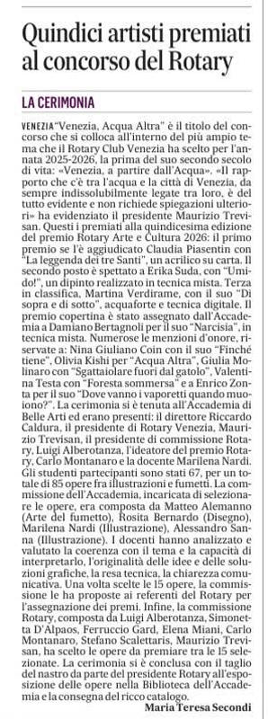 Premio Arte e Cultura, Gazzettino 11 giugno 2026